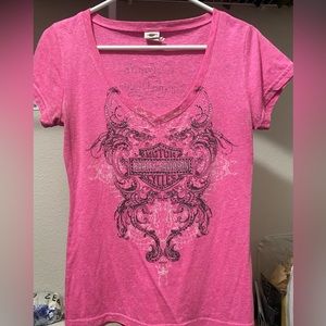 Pink Harley Davidson T-shirt with minor bedazzle on front.